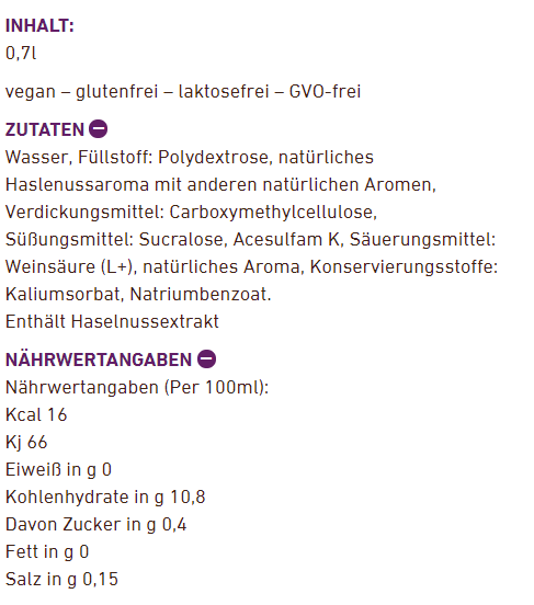 Wasserflasche mit Nussgeschmack. Zutaten und Nährwertangaben aufgelistet. Weißer Hintergrund.