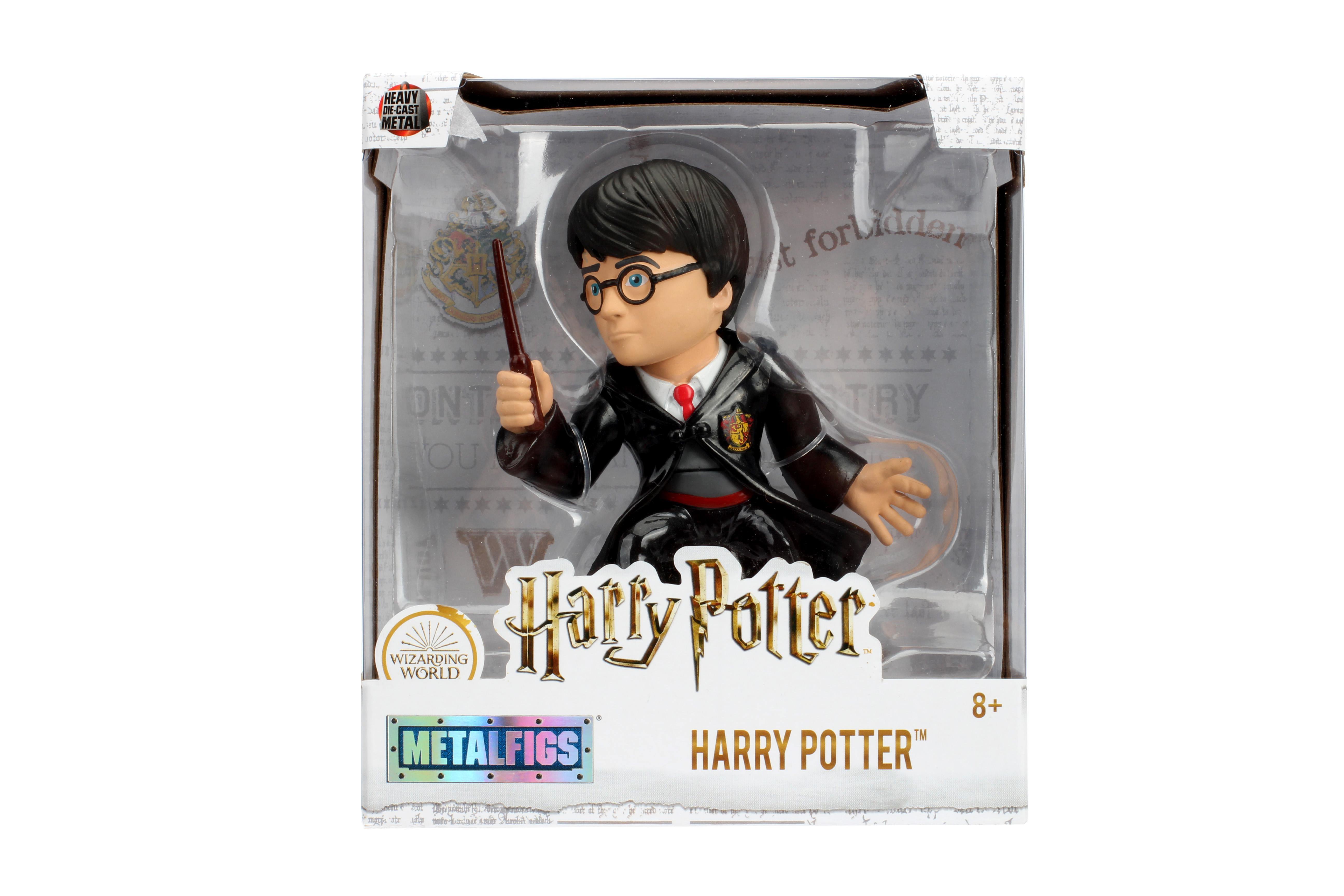 Harry Potter Figur in einer Box. Er hält einen Zauberstab und trägt eine Brille.