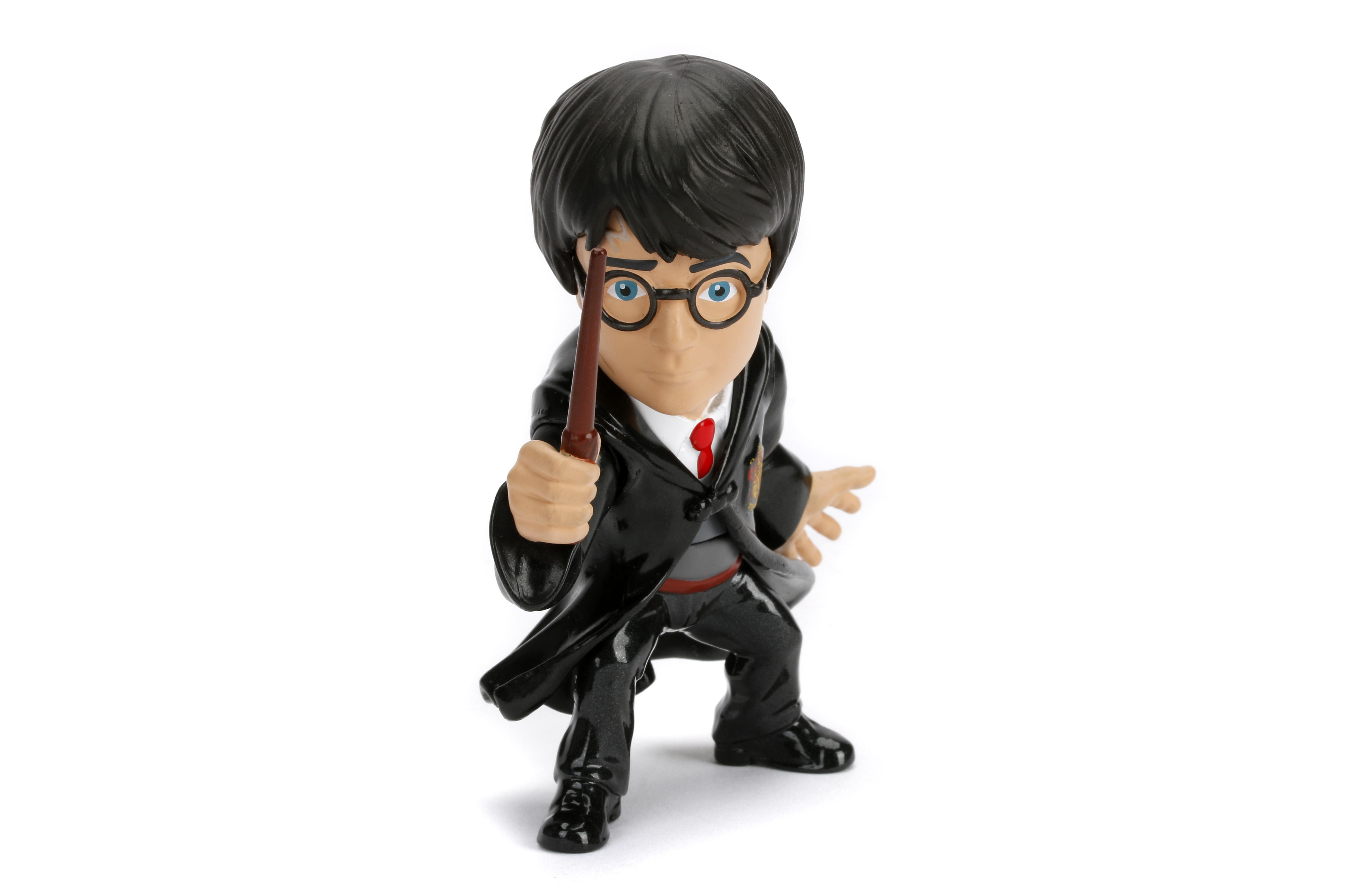 Harry Potter Figur mit Zauberstab in der Hand, Brille und Kampfpose.