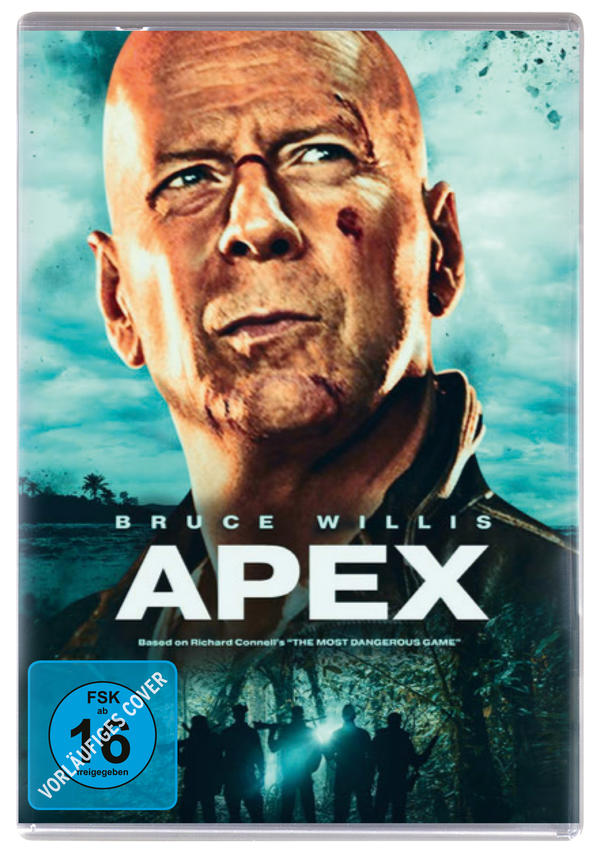 Eine DVD-Hülle mit Bruce Willis auf dem Cover. Der Filmtitel ist 'APEX'. Es gibt eine '16'-Bewertung.