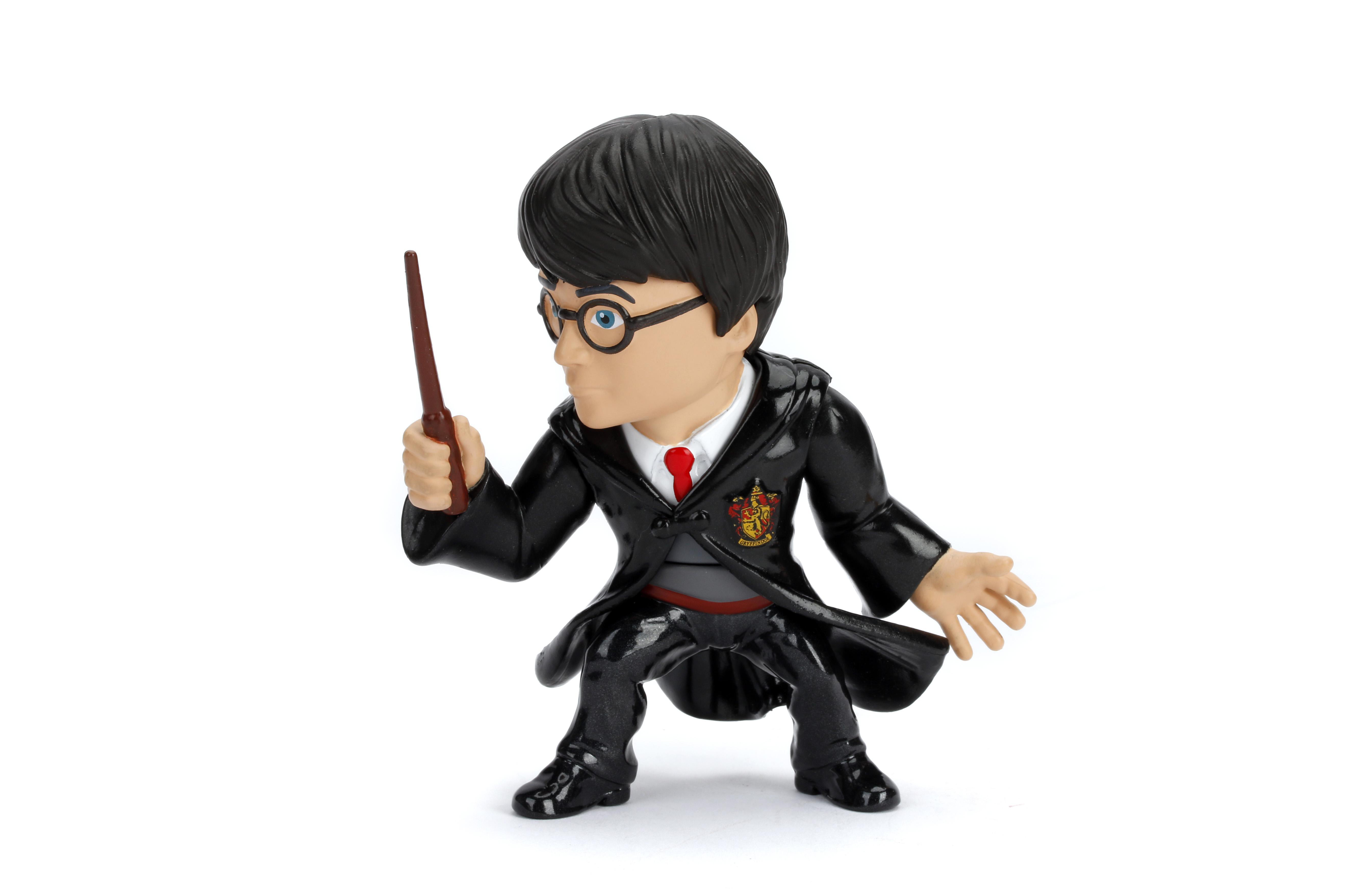 Harry Potter-Figur hält einen Zauberstab. Er trägt einen schwarzen Umhang und eine Brille.