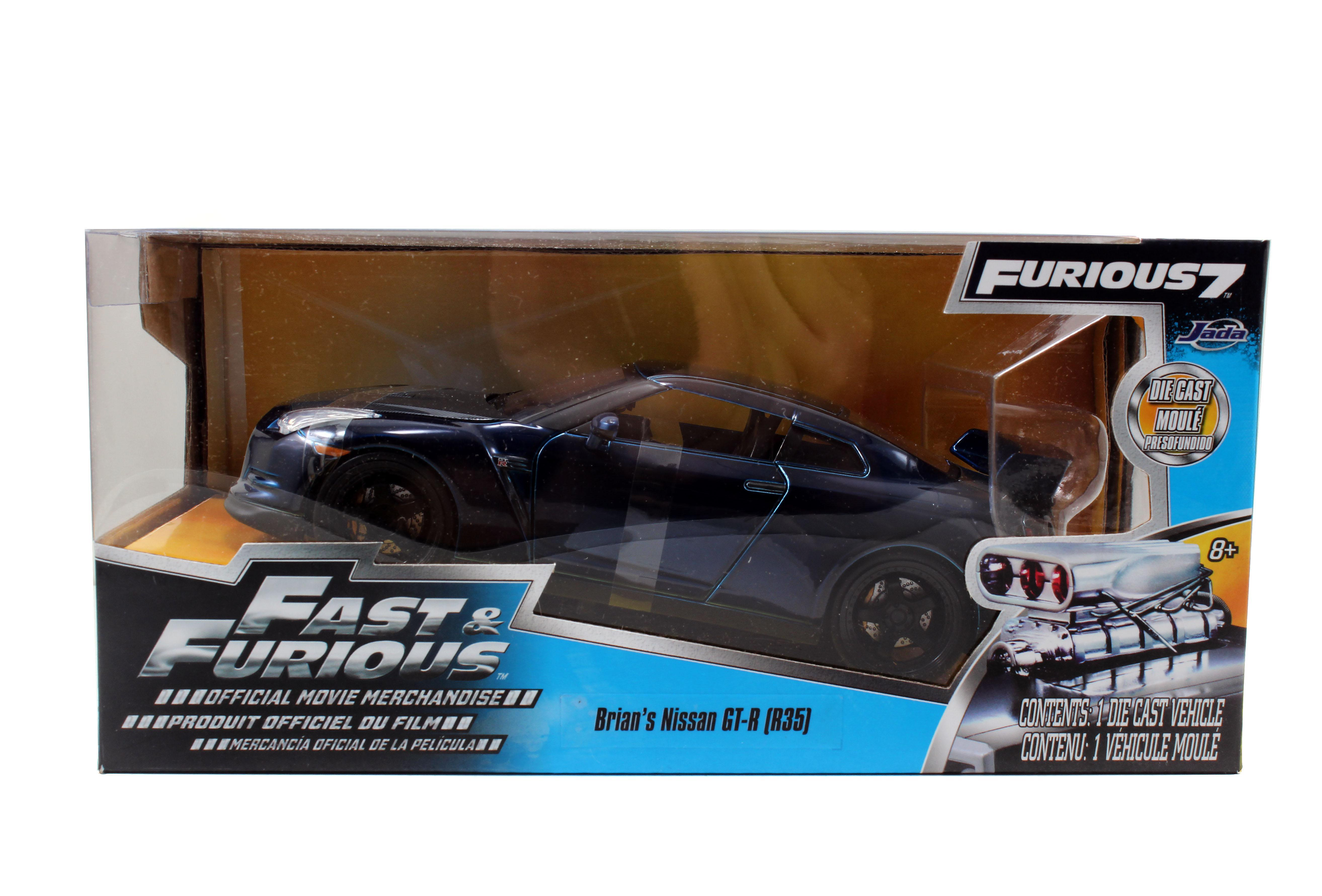 Ein Druckgussmodell von Brians Nissan GT-R (R35) in einer Schachtel mit Fast & Furious-Branding.