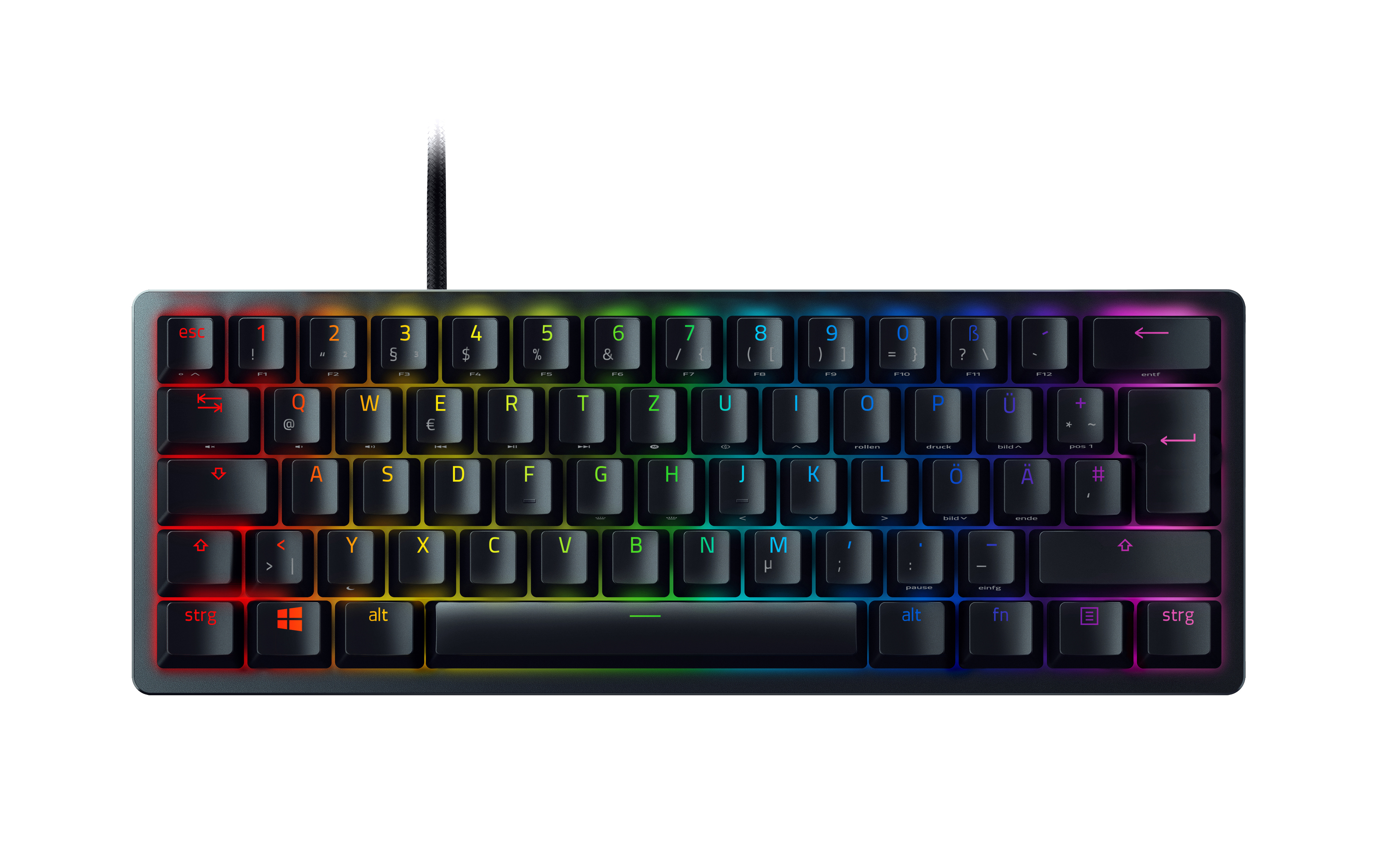 Schwarze, kompakte Tastatur mit bunten Tasten und einem regenbogenfarbenen unteren Rand.