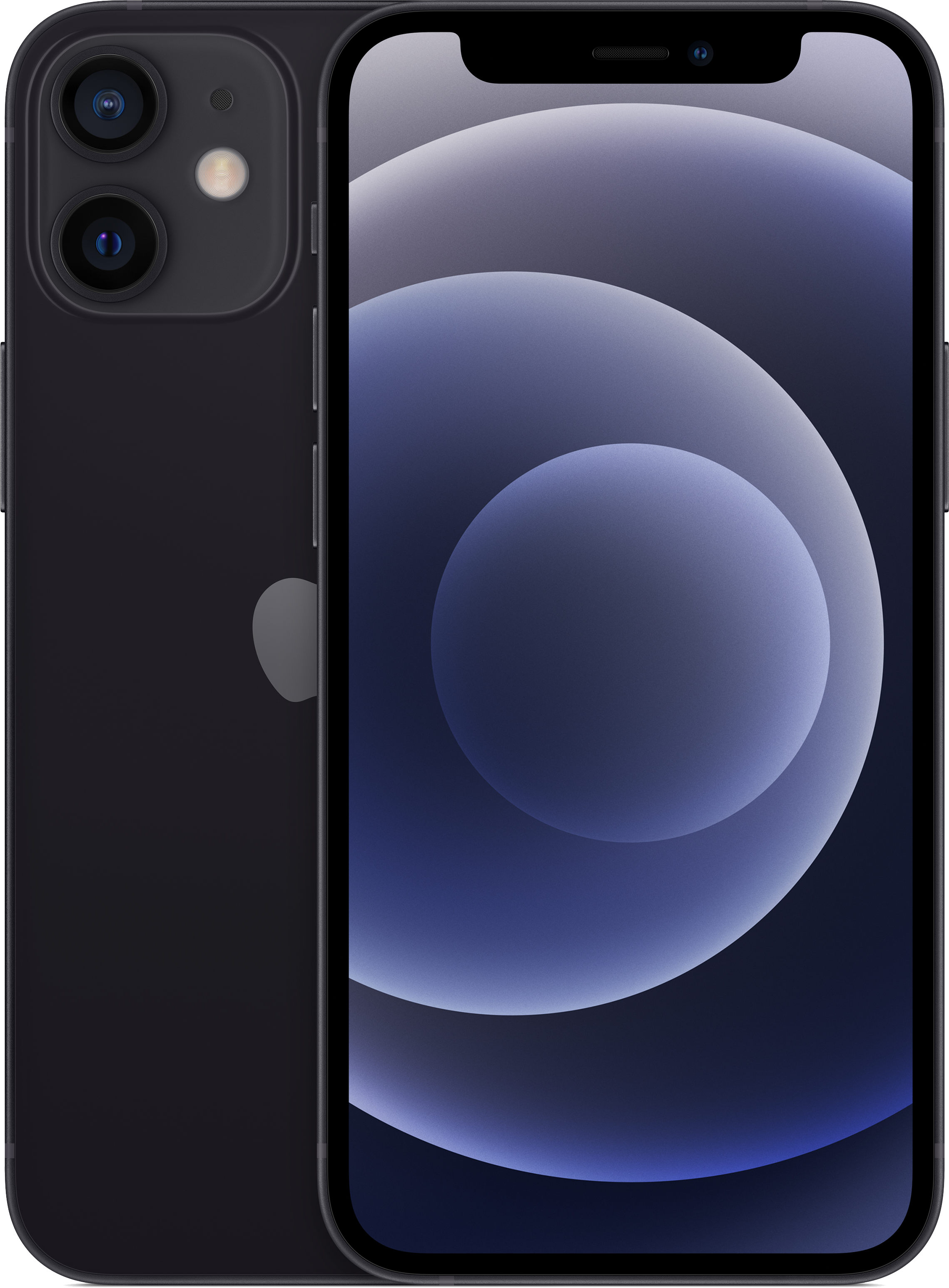 Zwarte iPhone 12, voor- en achteraanzicht, met een blauw en paars behang.