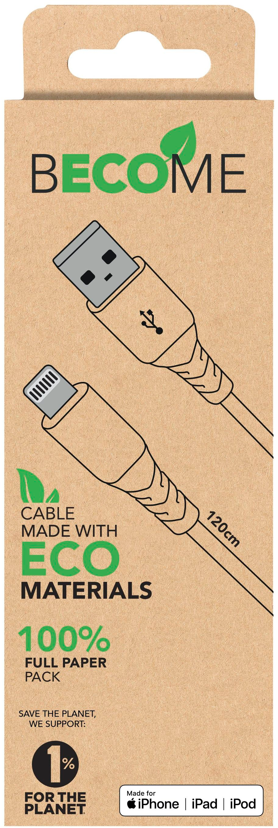 Une boîte de câble avec une image de câble USB et lightning, qui dit 'Câble fabriqué avec des matériaux écologiques'.