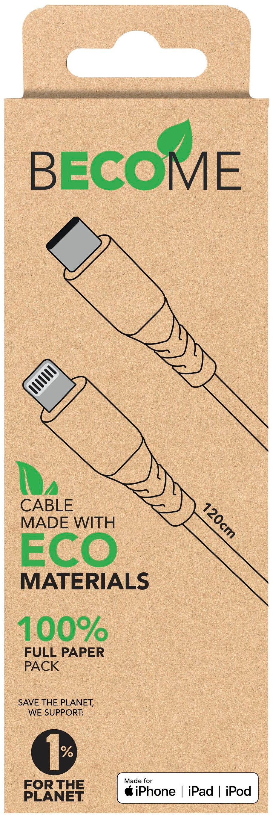 Emballage en carton marron avec câble USB-C vers Lightning. Texte : 'BECOME' et 'ECO MATERIALS'.