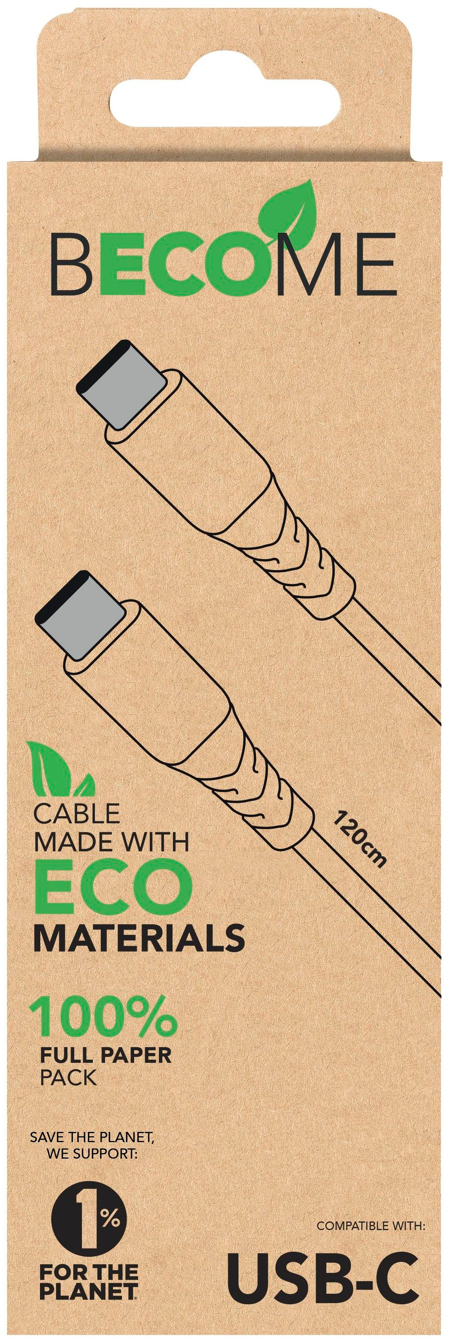 Une boîte marron avec un dessin de câble USB-C. Texte: BECOME, MATÉRIAUX ÉCOLOGIQUES, pack papier 100%, USB-C.