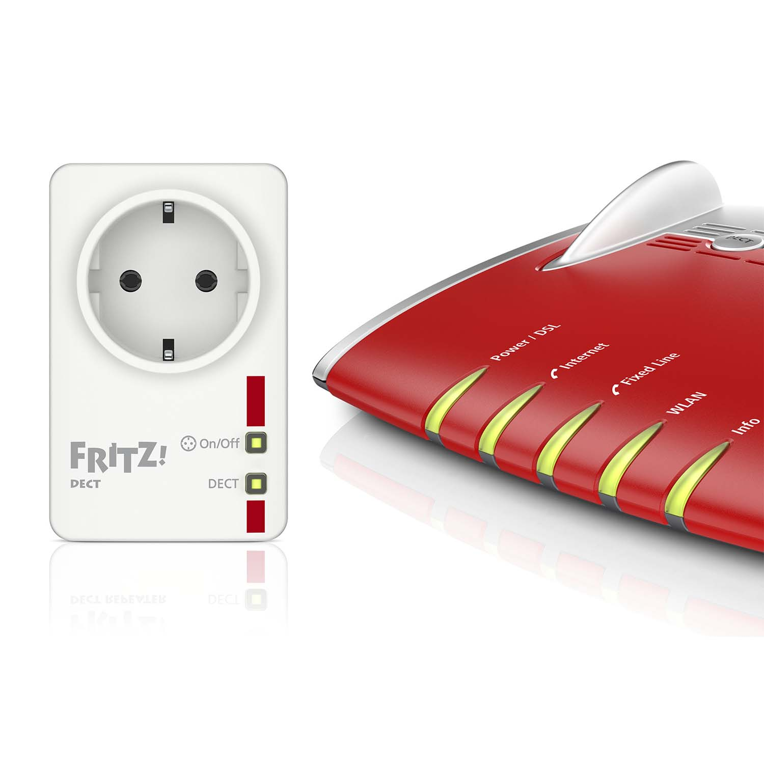 Un adaptador de línea eléctrica rojo y blanco y un enchufe. El adaptador tiene luces encendidas.