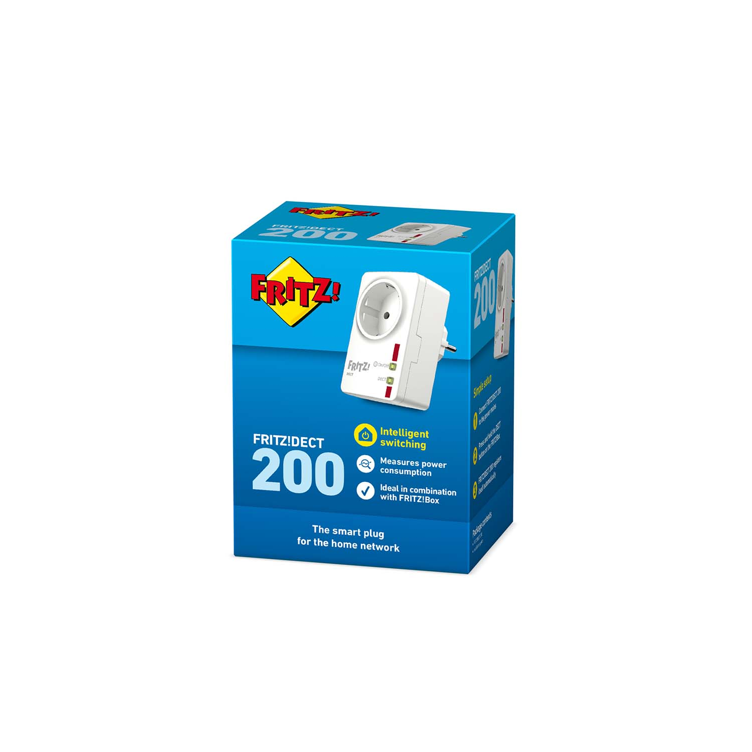 Caja con enchufe inteligente y texto FRITZ!DECT 200. Enchufe blanco, embalaje azul y blanco.