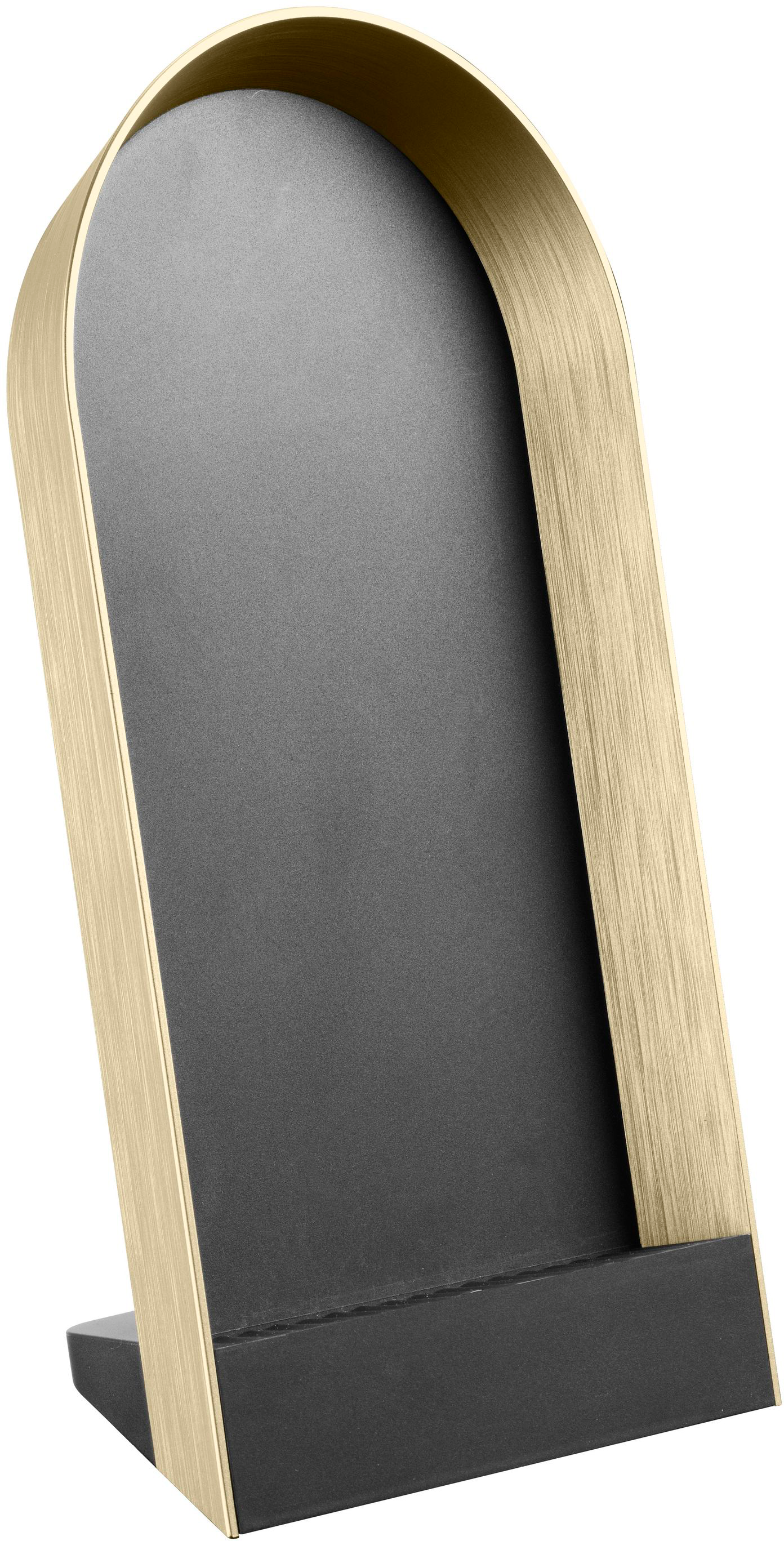 Un support de téléphone doré. Il a un cadre incurvé et une base noire.