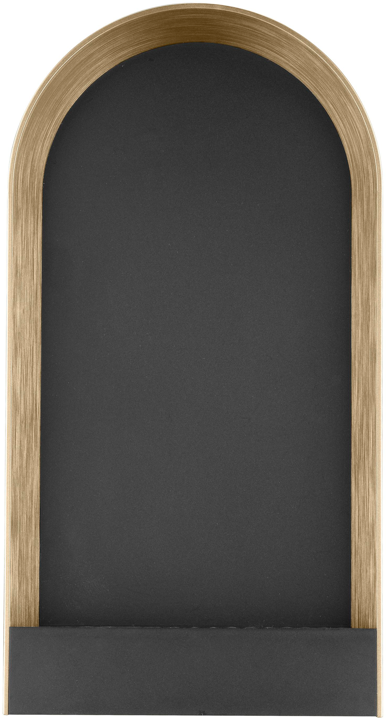 Un tableau noir en arc avec un cadre doré et une base noire. Surface vide pour écrire.