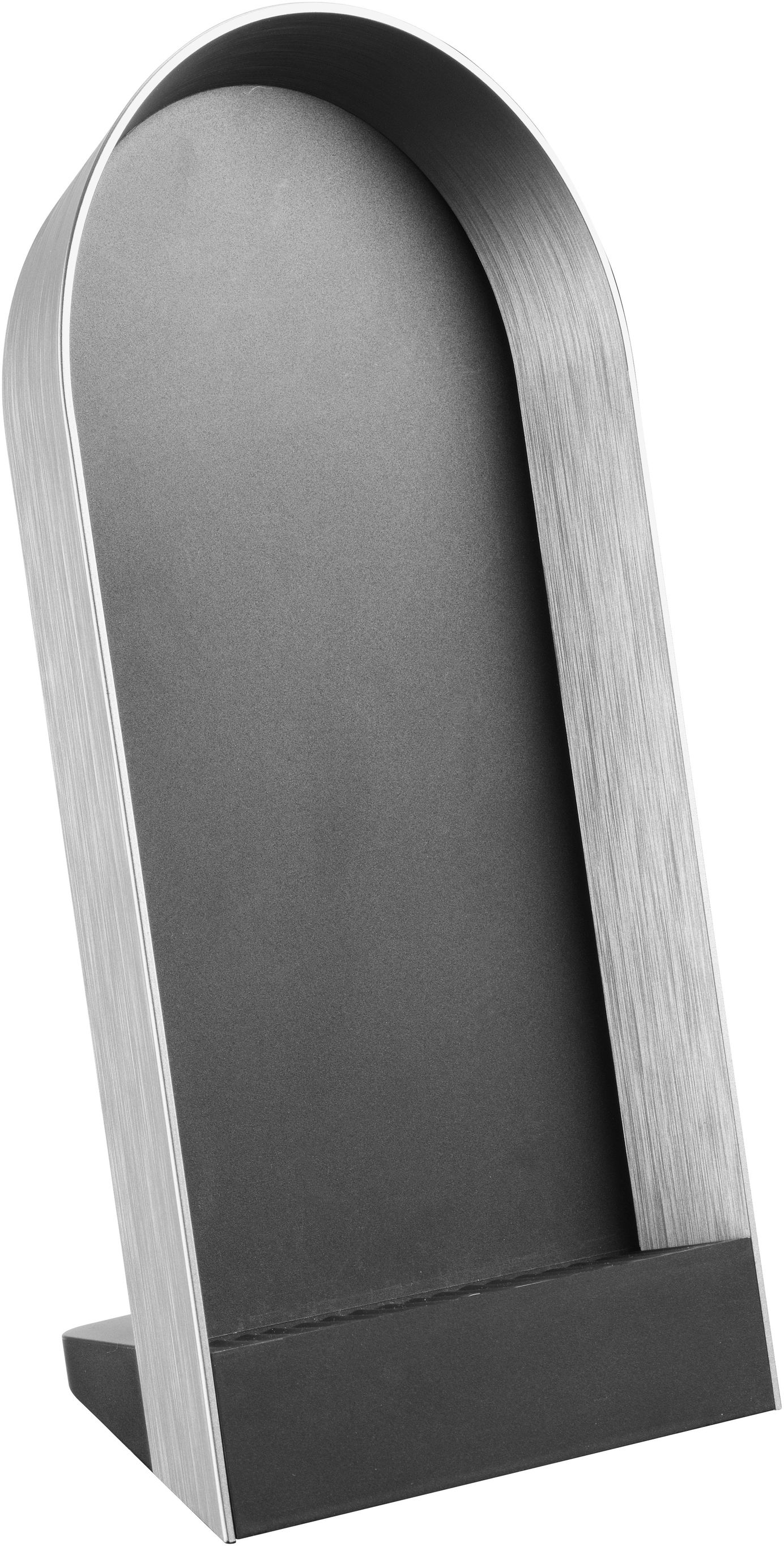Un présentoir gris avec un dessus incurvé et un intérieur noir.