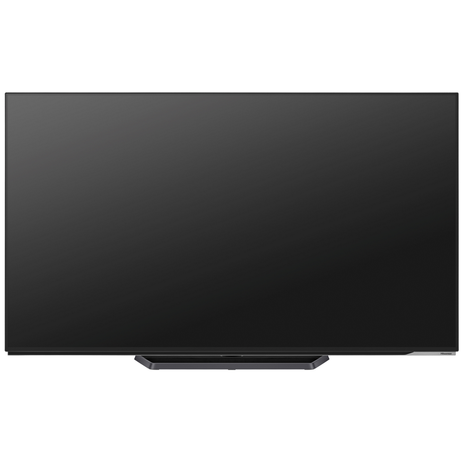 Televisor de pantalla plana grande y negro sobre un soporte, con pantalla negra, aislado sobre fondo blanco.