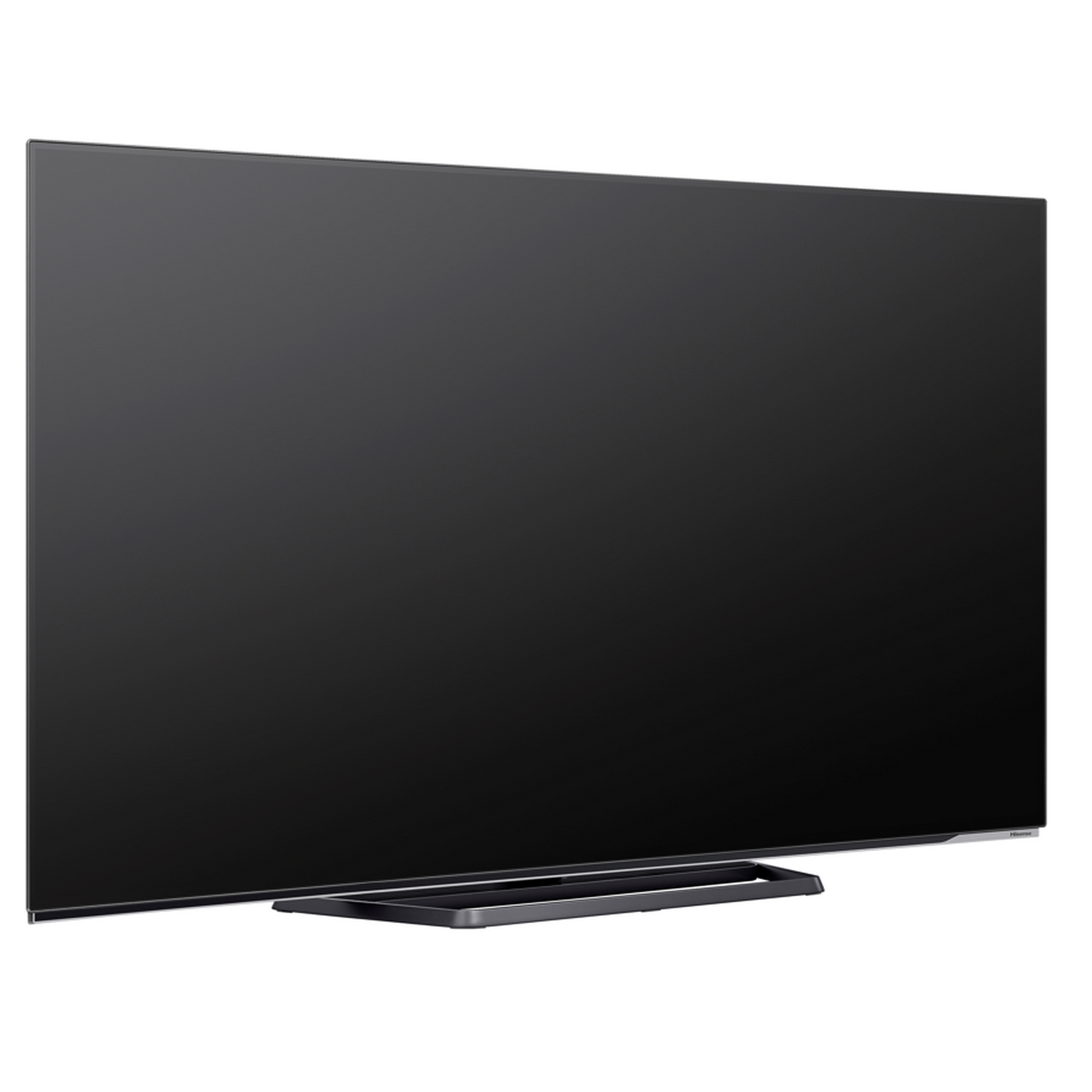 Televisor de pantalla plana grande, pantalla negra, montado en un soporte, sobre un fondo blanco.