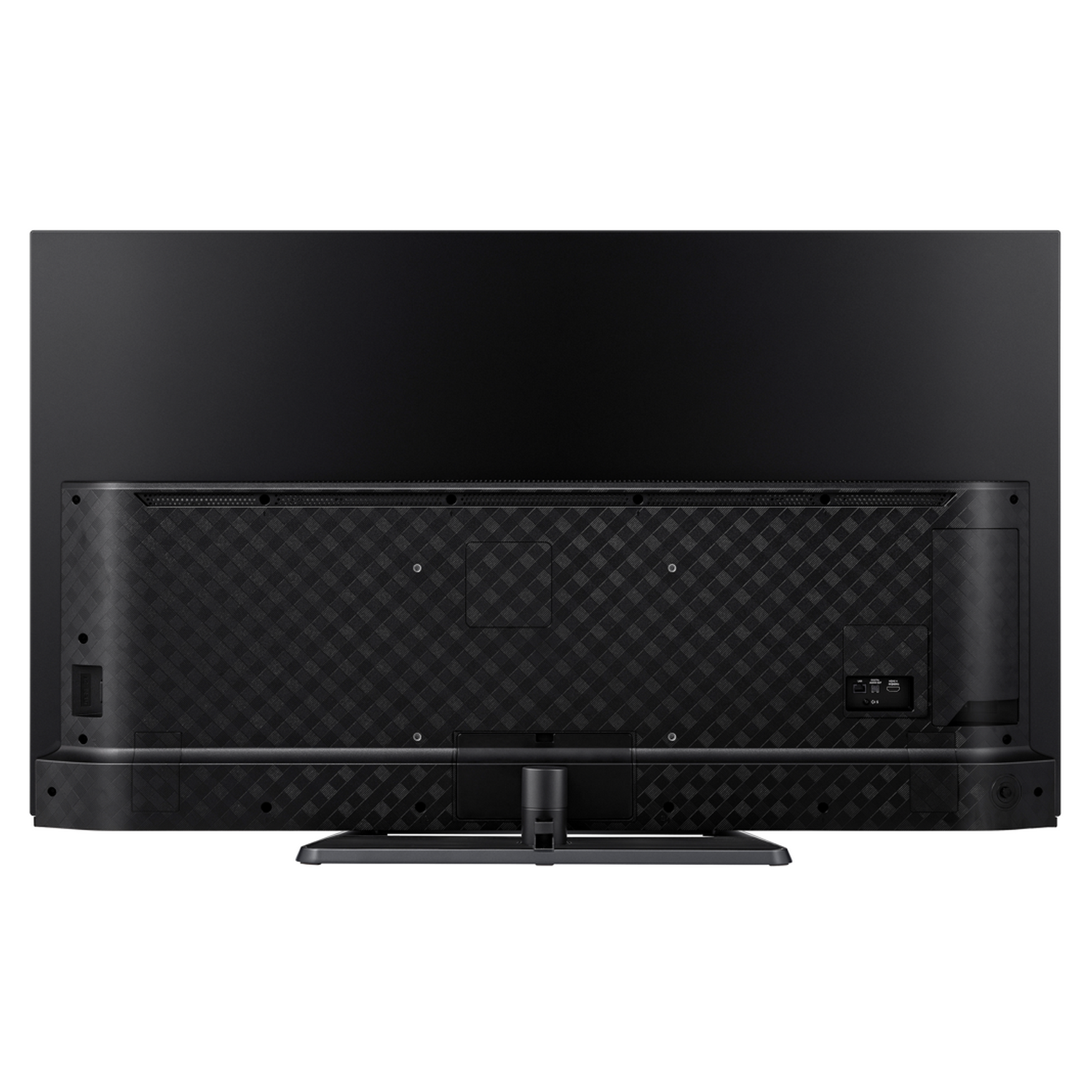 La parte trasera de un televisor negro. Hay puertos de conexión y un soporte.