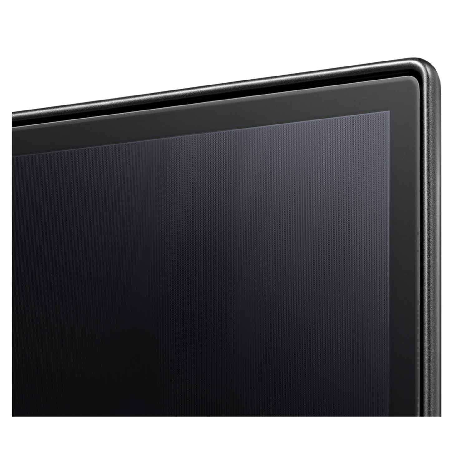 Primer plano de una esquina de pantalla de TV negra. La pantalla está rodeada por un marco negro.