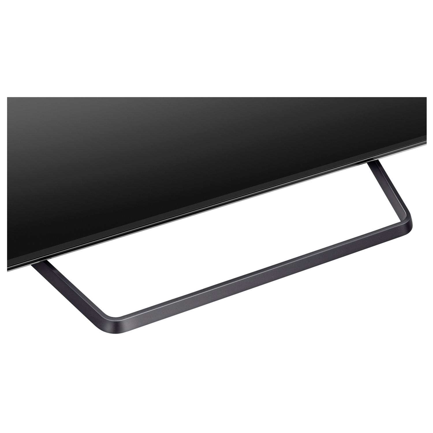 Primer plano de una pantalla de TV con una pantalla negra y un marco de metal gris oscuro.