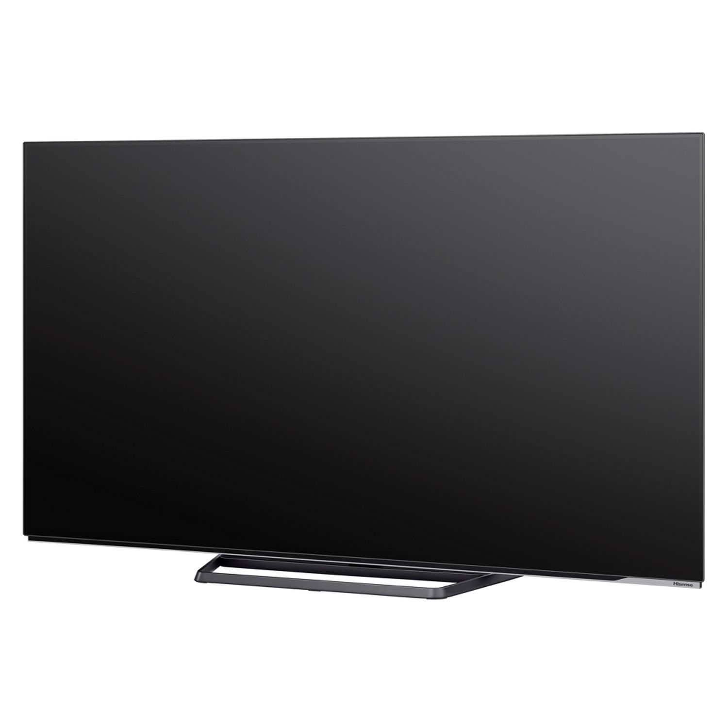 Televisor negro grande. Marco y soporte negros. Fondo blanco.