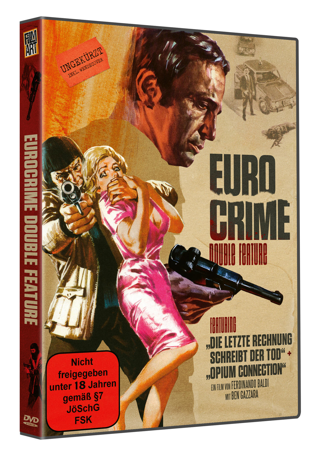 DVD-Hülle des Films 'Eurocrime Double Feature', mit Schauspielern und einer Waffe. Der Umschlag hat einen roten Rand.