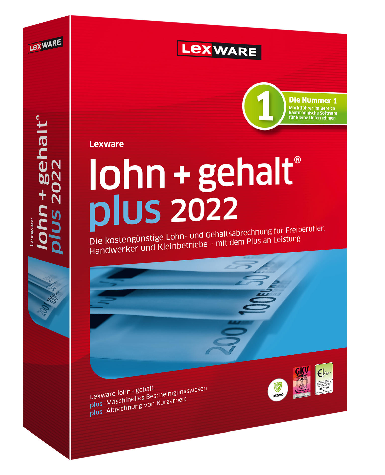 Box der Software 'Lohn + Gehalt plus 2022', rot und weiß, mit Geldbild und Text.