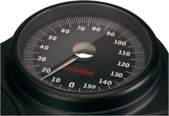Ein schwarzer Motorrad-Tachometer zeigt 20 mph an. Das Messgerät befindet sich in einem schwarzen, kreisförmigen Gehäuse.