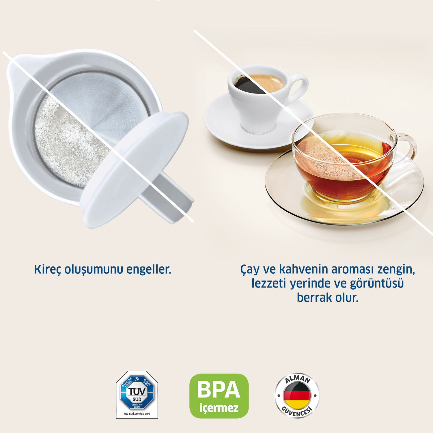 İki içecek, bir kahve ve bir çay, beyaz bir kap ile. Metin: Kireçlenmeyi önleyin; Zengin aroma.