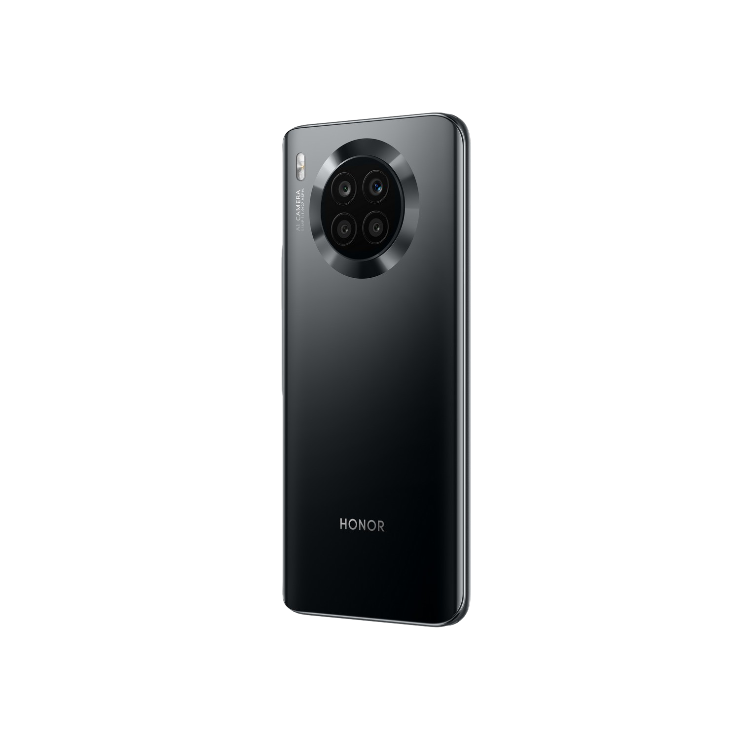 Smartphone negro con una matriz de cámaras en la parte trasera. El fondo es negro.