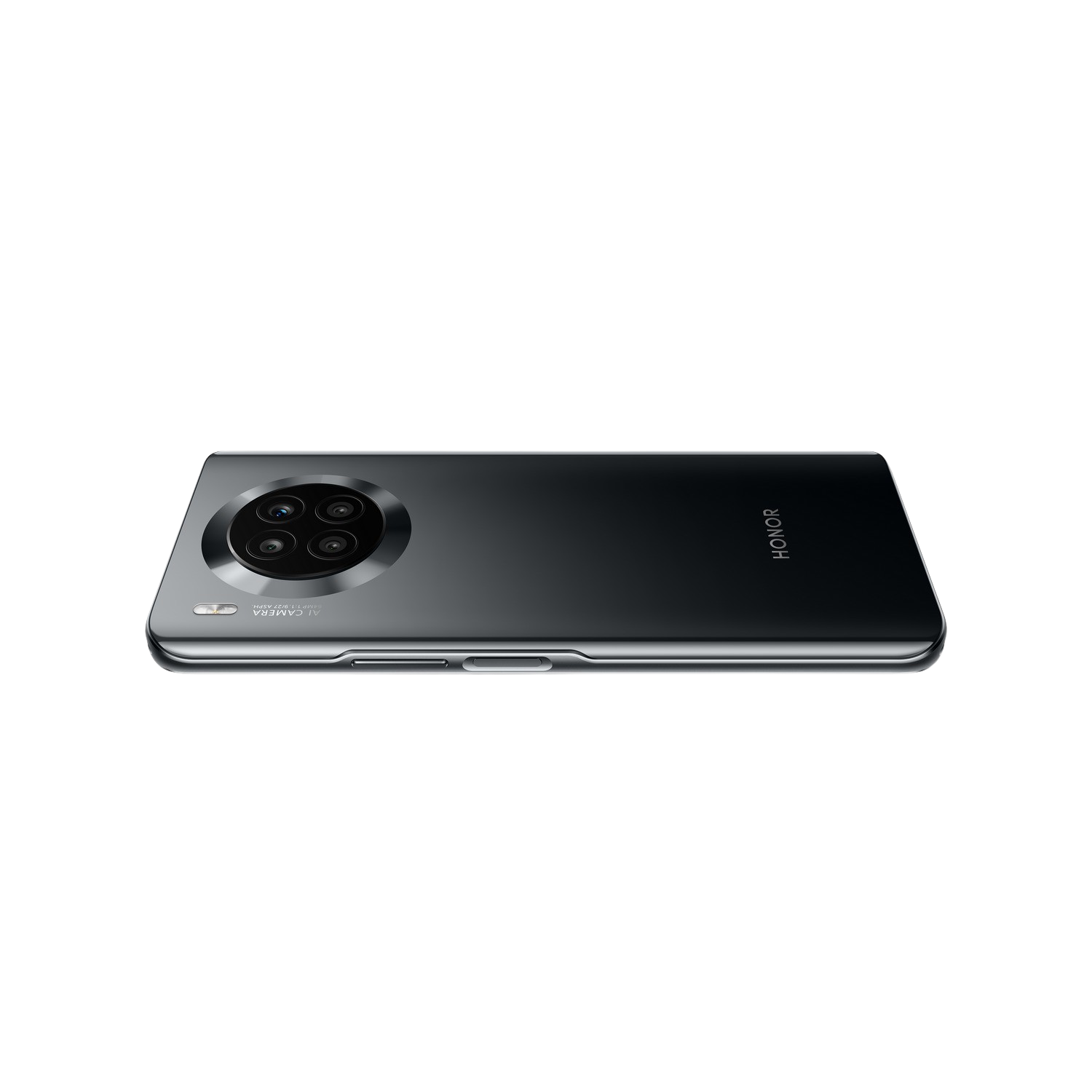 Smartphone negro, en ángulo, con la cámara y la palabra HONOR.