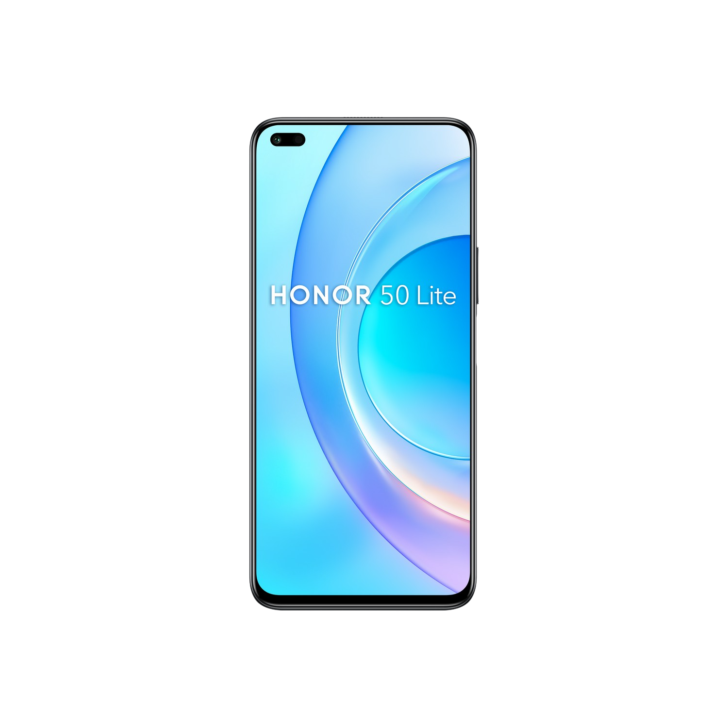 Pantalla de smartphone mostrando el texto 'HONOR 50 Lite'. Fondo negro.