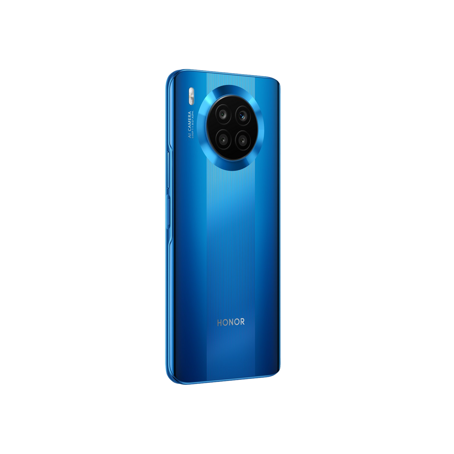Parte trasera de un teléfono Honor azul. Tiene una matriz de cámara circular y el nombre de la marca.