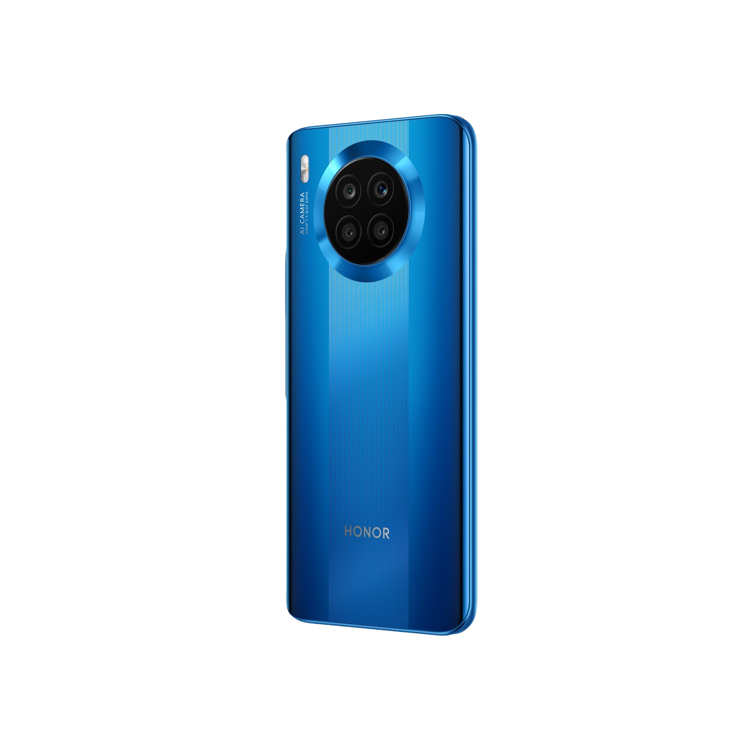 Un teléfono azul con un módulo de cámara en la parte trasera. La parte trasera del teléfono tiene un diseño vertical.