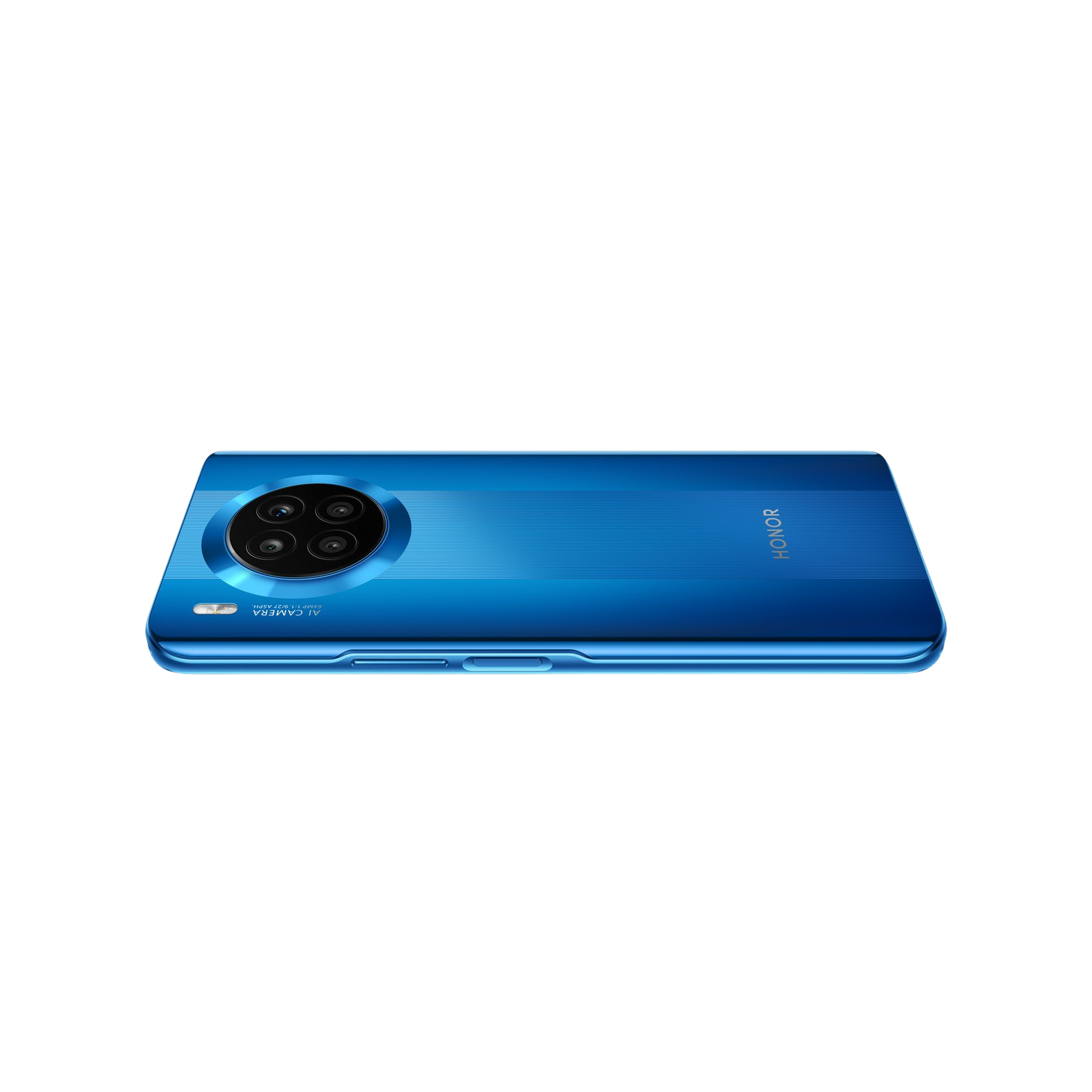 Un teléfono Honor azul, vista trasera, sobre un fondo negro.