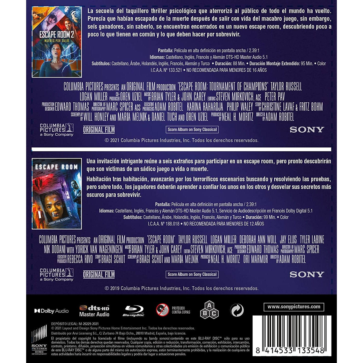 Portada de DVD de doble cara de las películas 'Escape Room', con texto e imágenes.