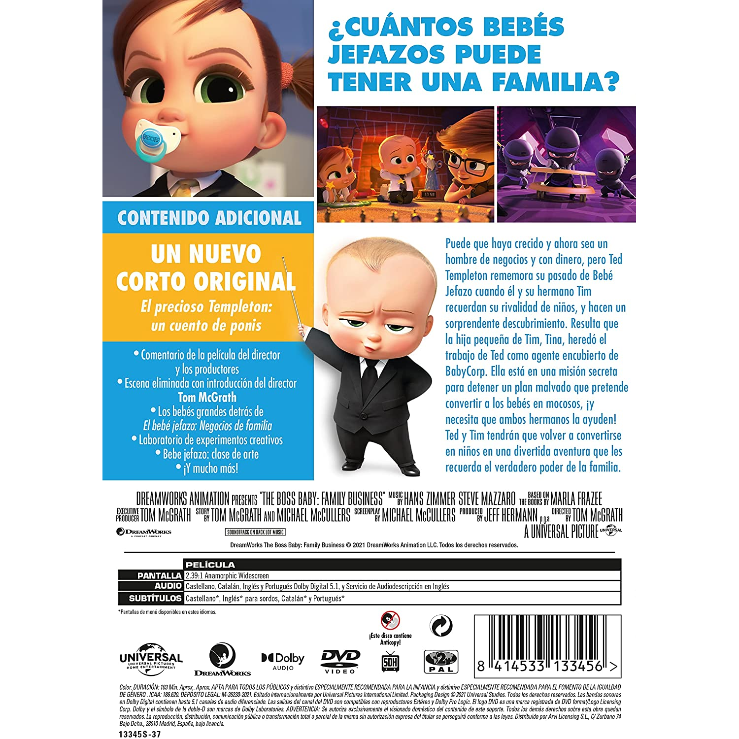Portada de película animada con un bebé vestido de jefe.
