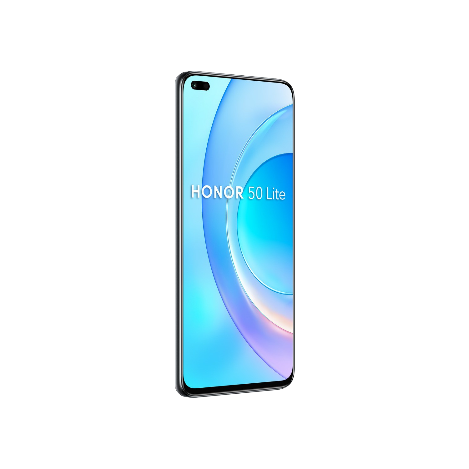 Un teléfono Honor azul y blanco con pantalla curva.