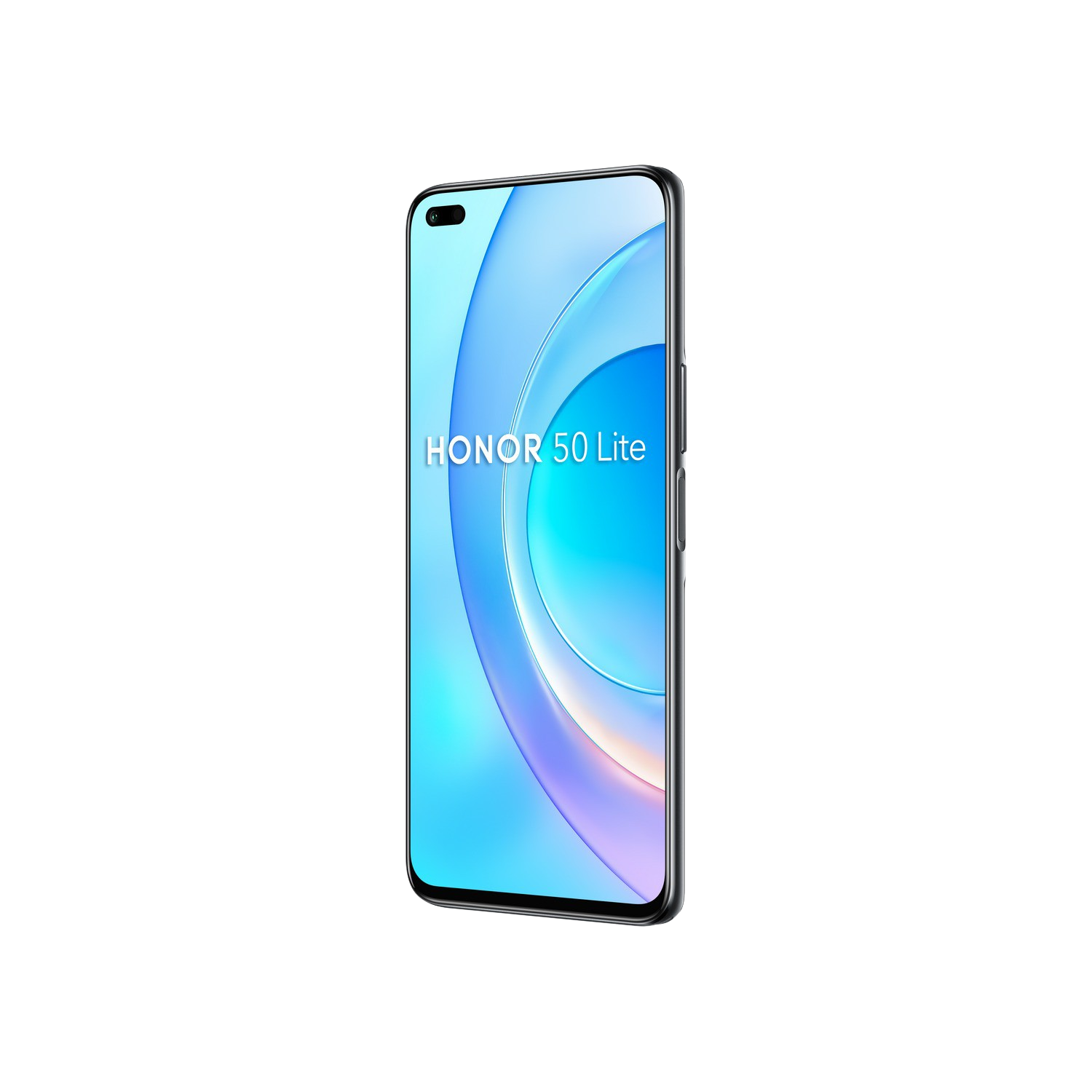 Un smartphone HONOR 50 Lite. El teléfono es plateado y tiene una pantalla con gradiente azul.