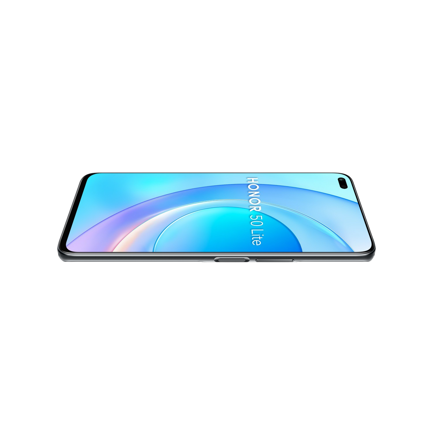 Un elegante teléfono HONOR 60 Lite negro se muestra en ángulo bajo sobre un fondo negro.