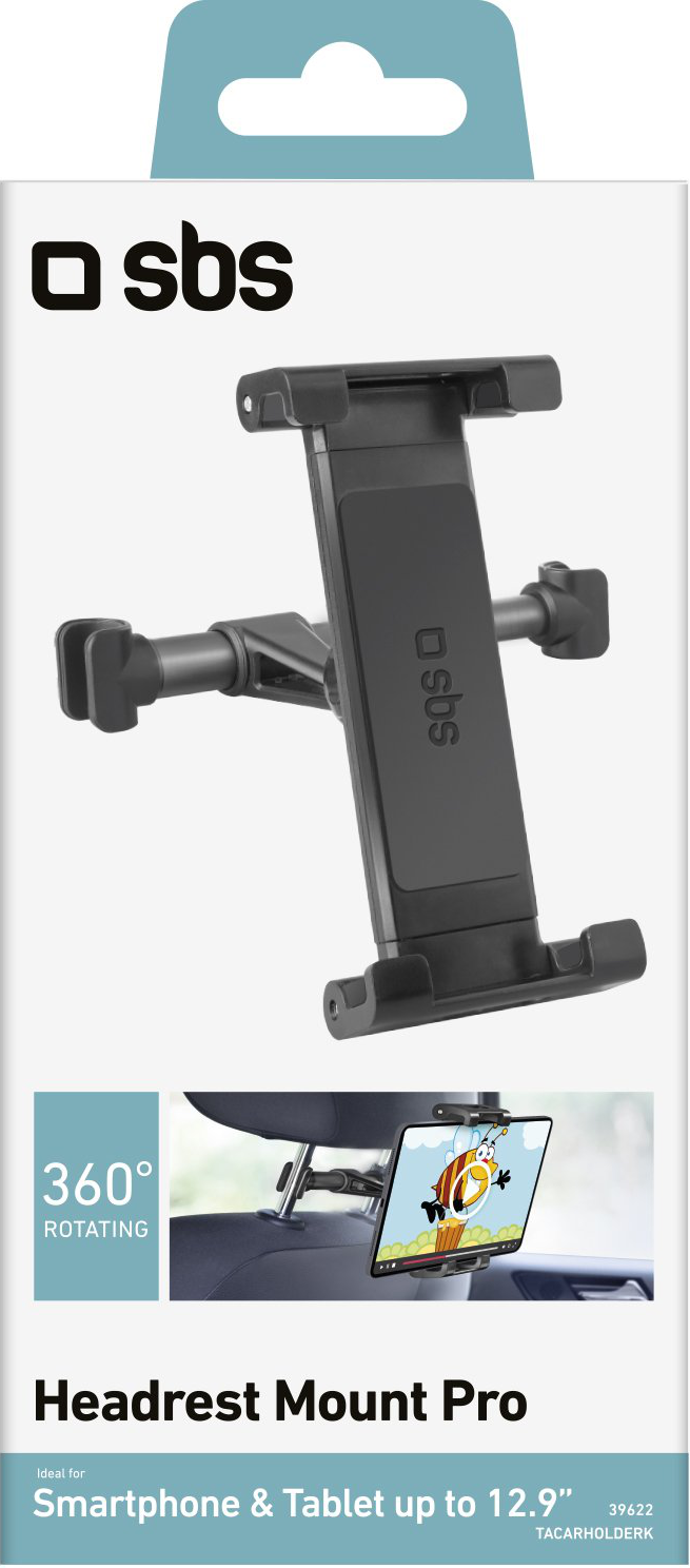 Schwarze Kopfstützenhalterung für Smartphone/Tablet. Zeigt ein Tablet mit Cartoon. Markenlogo 'sbs' auf der Halterung.