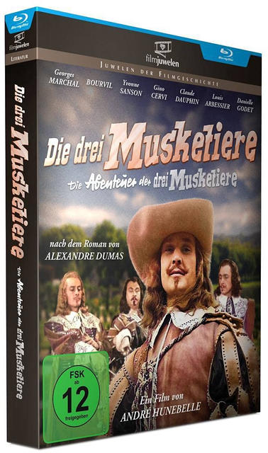 DVD-Boxset für 'Die drei Musketiere', mit Schauspielern in historischen Kostümen. Blaues und grünes Design.