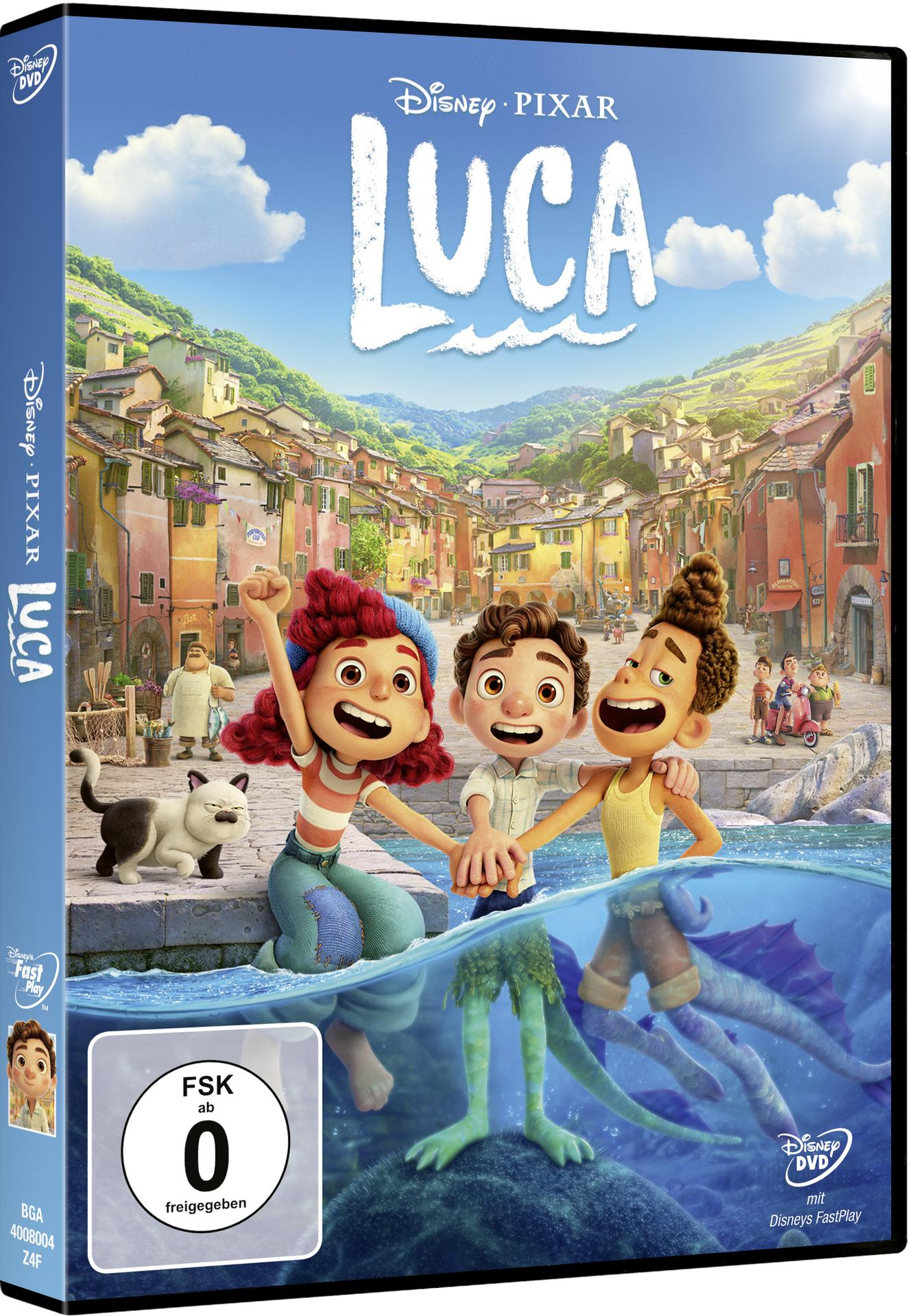 DVD-Cover von Disney Pixars Luca. Drei Hauptfiguren im Wasser, Küstenstadt im Hintergrund.