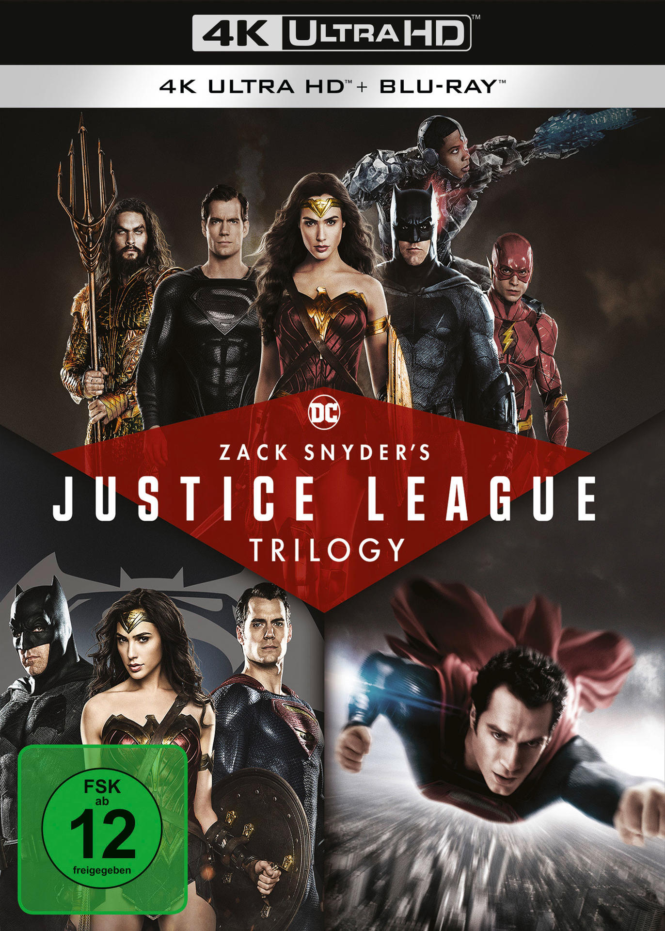 DVD-Hülle für Zack Snyders Justice League Trilogie. Enthält Superheldenbilder aus dem Film.