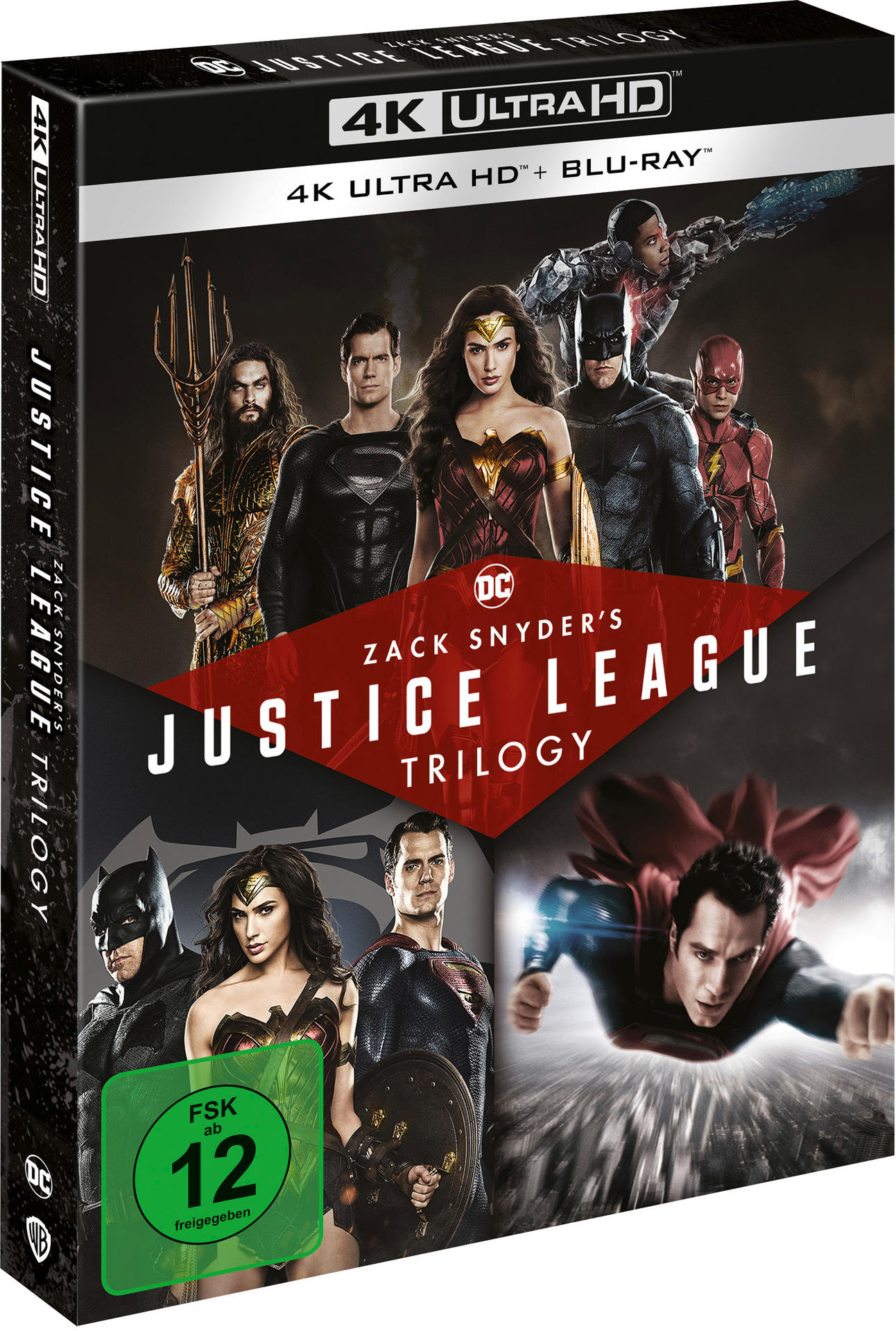 Justice League Blu-ray-Cover. Superhelden-Team. Batman, Wonder Woman und Superman abgebildet.
