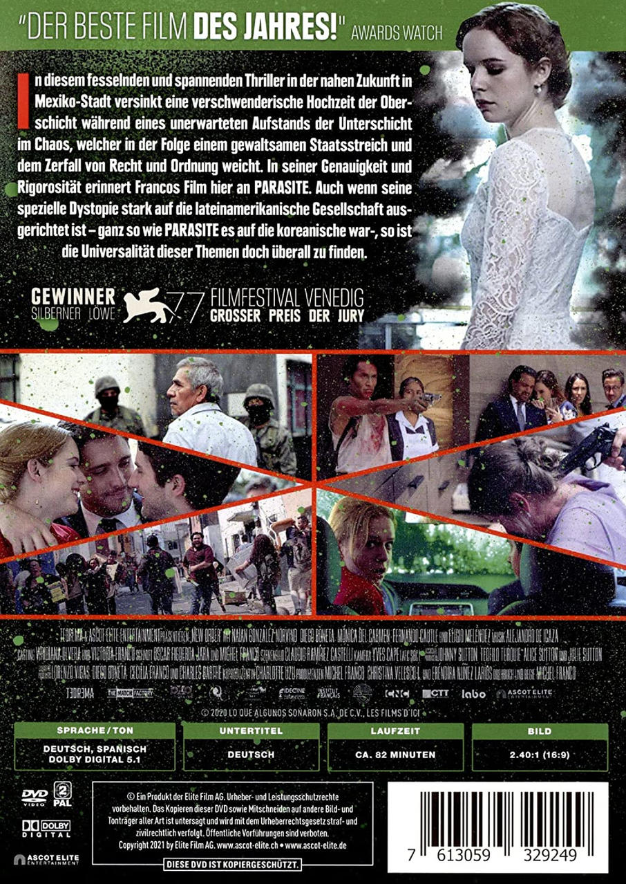 Die Rückseite einer DVD-Hülle mit Text und Bildern. Eine Frau in einem weißen Kleid ist abgebildet.