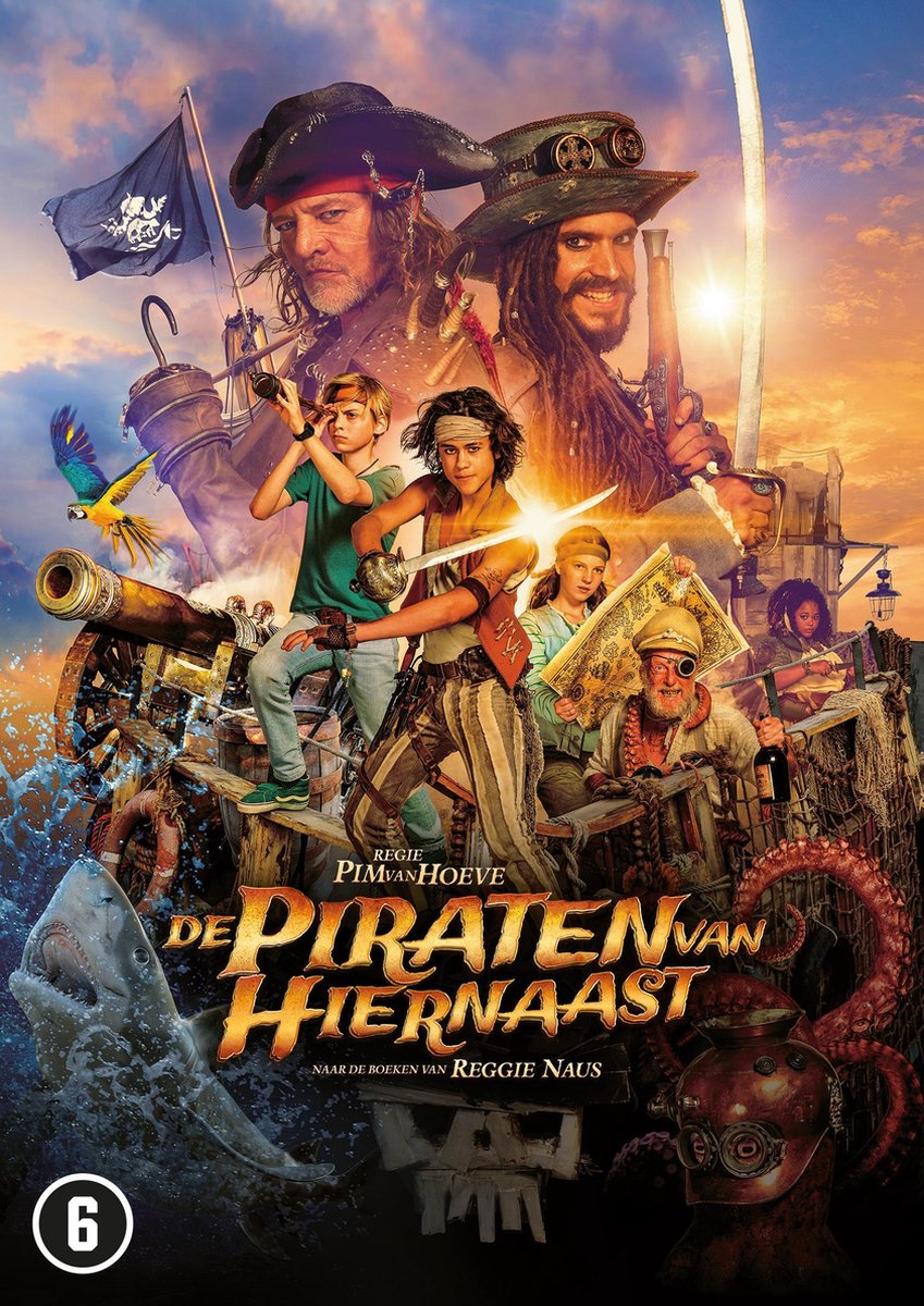 Movie poster of 'De Piraten van Hiernaast' with pirate ship, characters, and a shark.