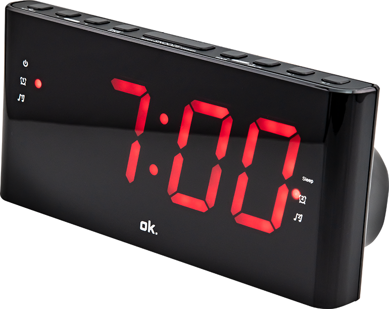 Fekete digitális ébresztőóra 7:00-t mutat. Piros számok fekete háttéren. ok. márka.