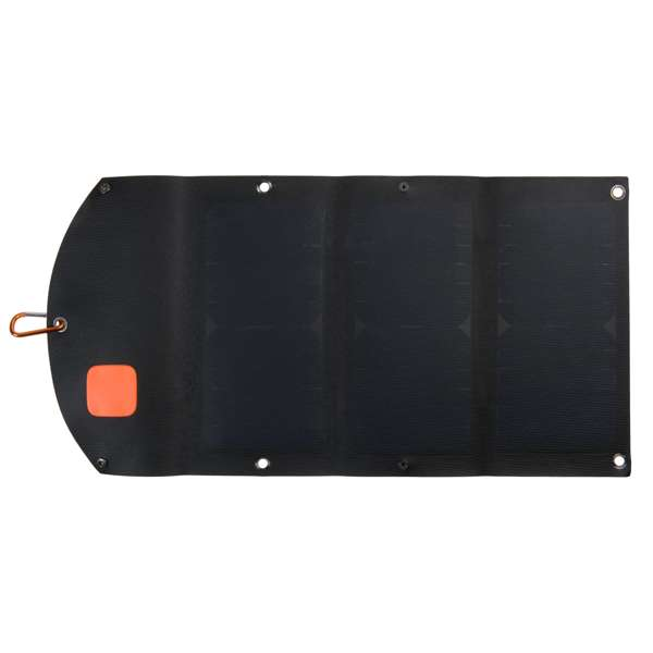 Gefaltetes schwarzes Solarpanel mit orangefarbenem Quadrat und Karabinerhaken.