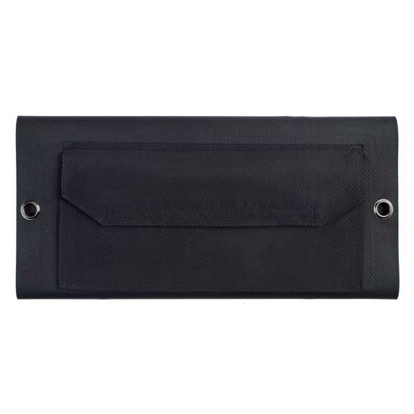 Schwarzes, rechteckiges Solarpanel mit Tasche und zwei Metallösen zum Aufhängen.