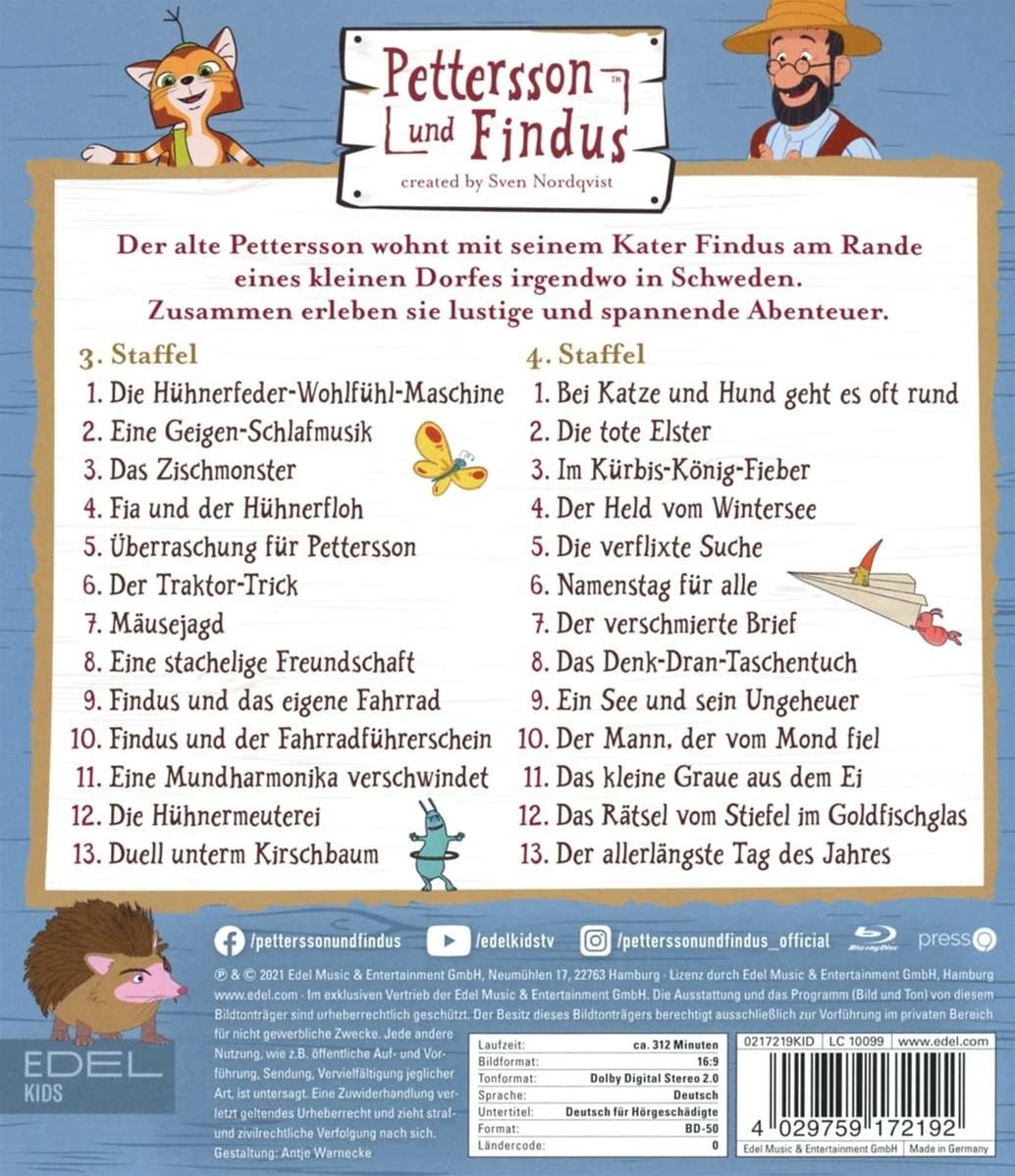 Rückseite einer DVD mit Petterson und Findus-Cartoons. Enthält Episodentitel und Details.