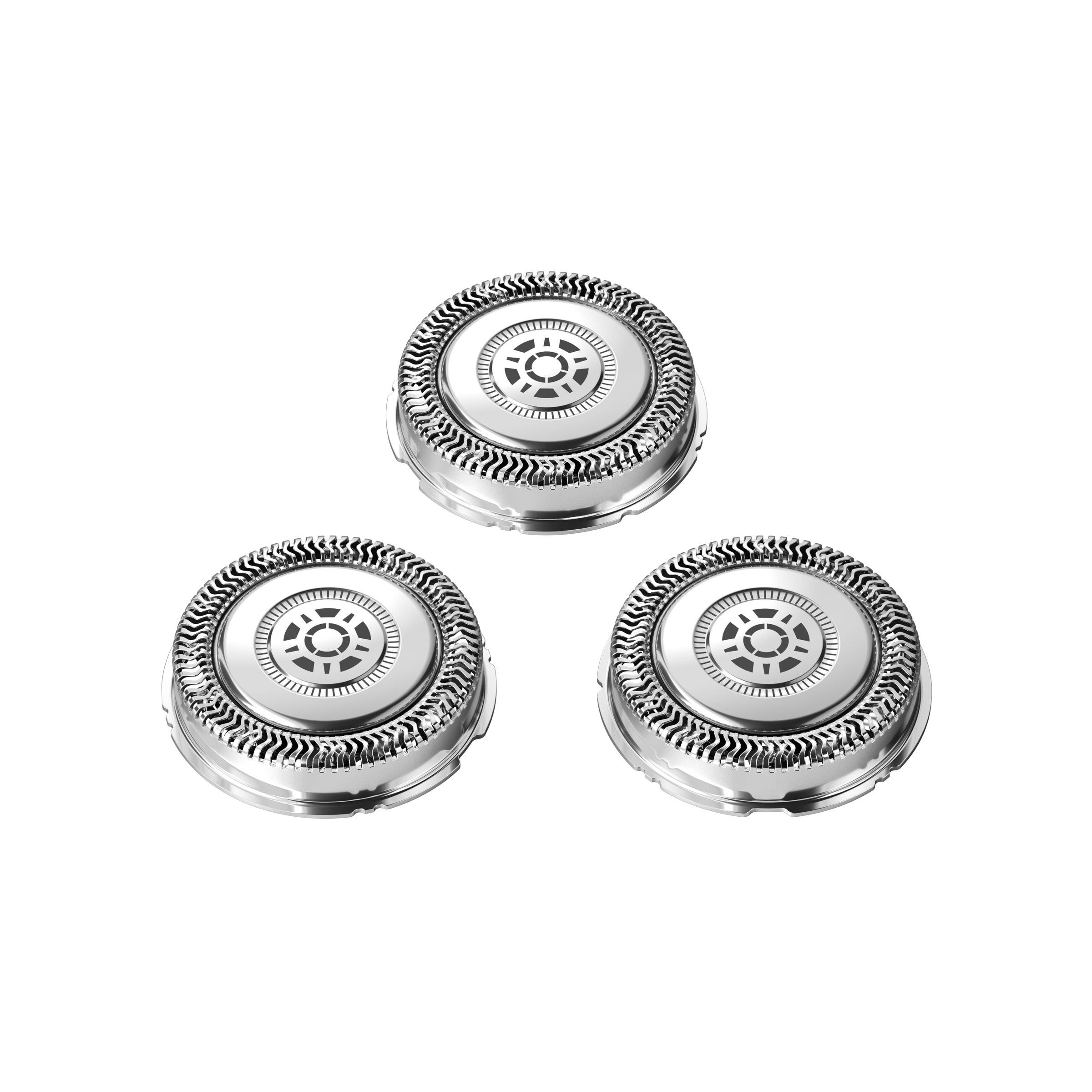 Three silver foil shaver heads. Circular, textured design. White background.