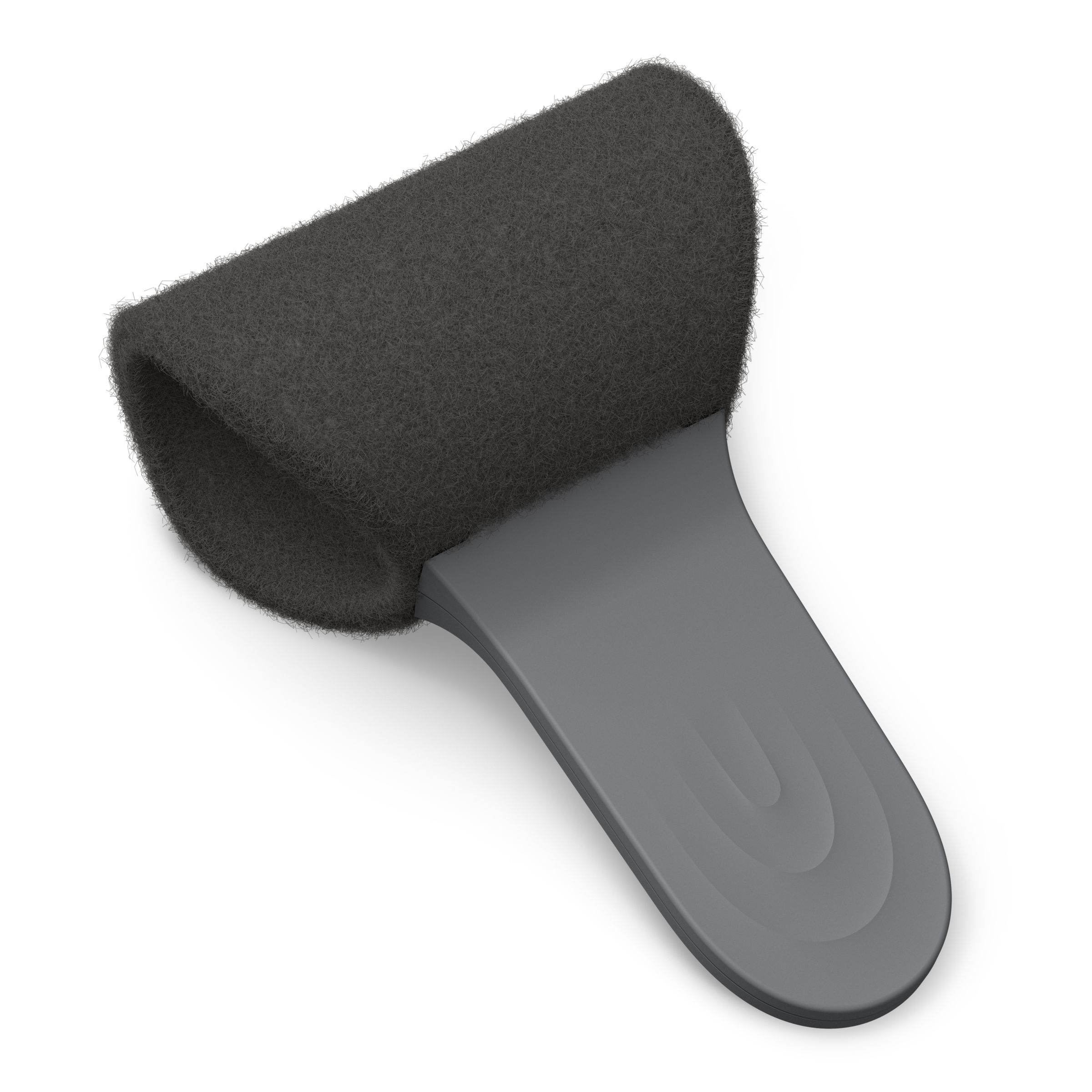 A close-up of a lint remover. It is gray, with a black, fuzzy roller at the end.